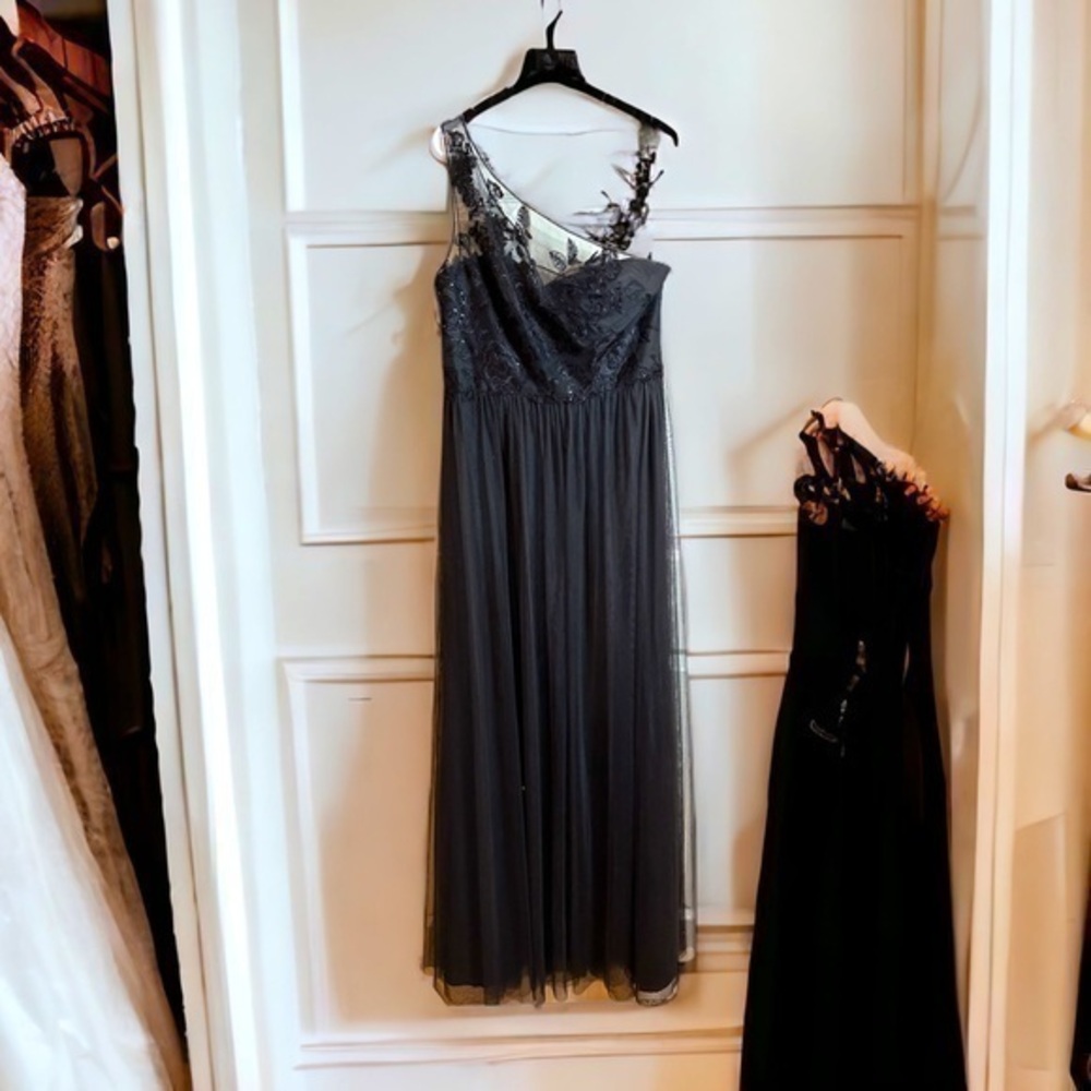 David's Bridal Black one shoulder gown with mesh skirt